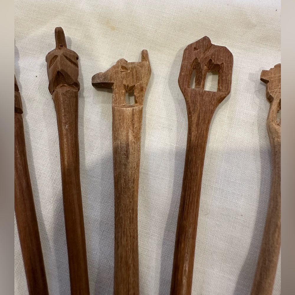 Hand Carved Wooden African Appetizer Skewer Set - 12 Elephant, Lion, Crocodile +